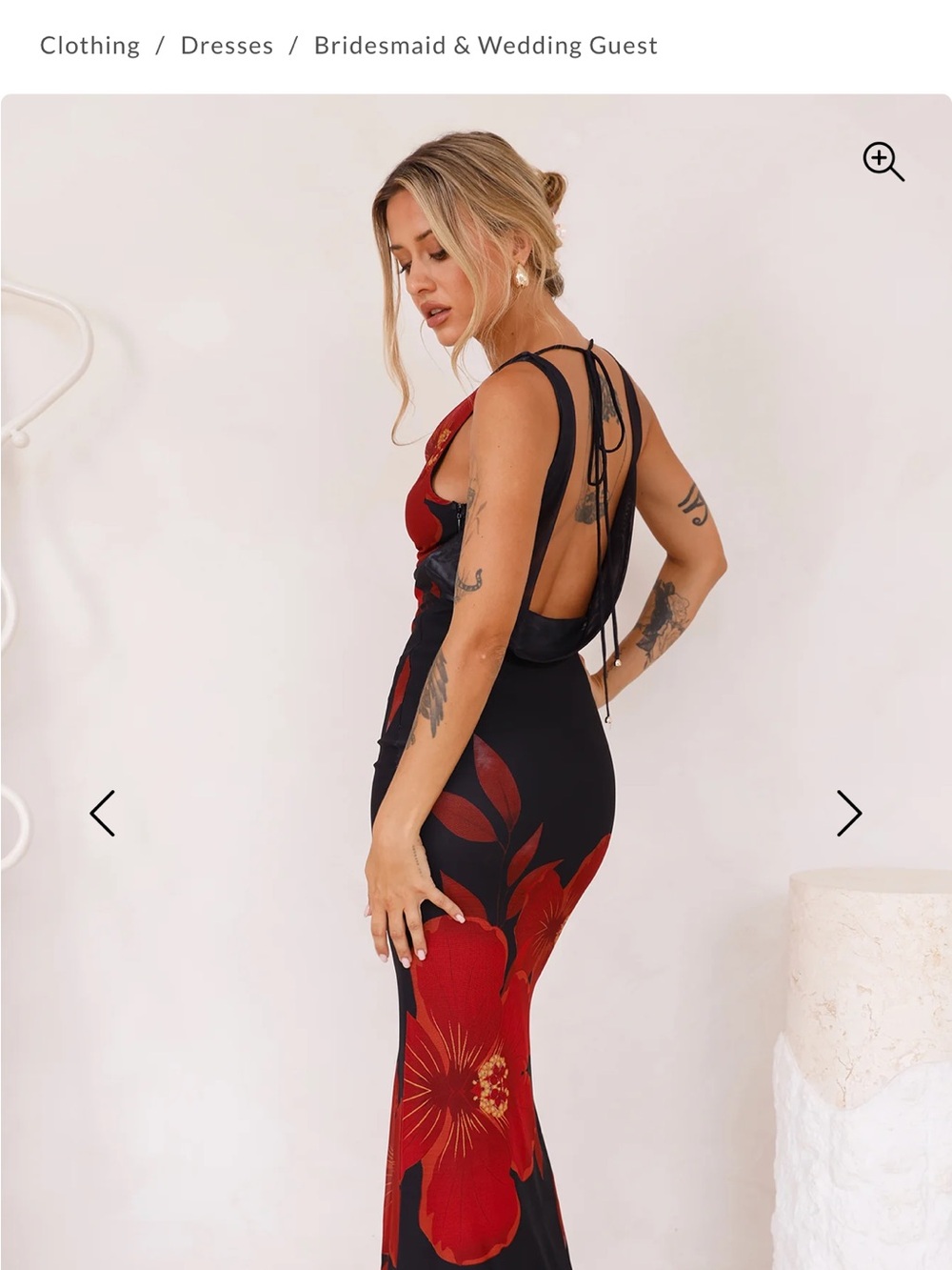 NEVER WORN Backless Black Dress with Red Floral Print